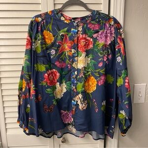Johnny Was Panya Shirred Yoke Floral Button-Down Blouse - Size Large